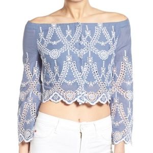 Kendall + Kylie Blue Eyelet Off Shoulder Top